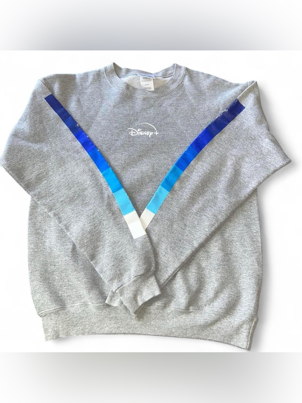 Disney plus Gray Crewneck Sweater with Blue Ombre V-Stripes